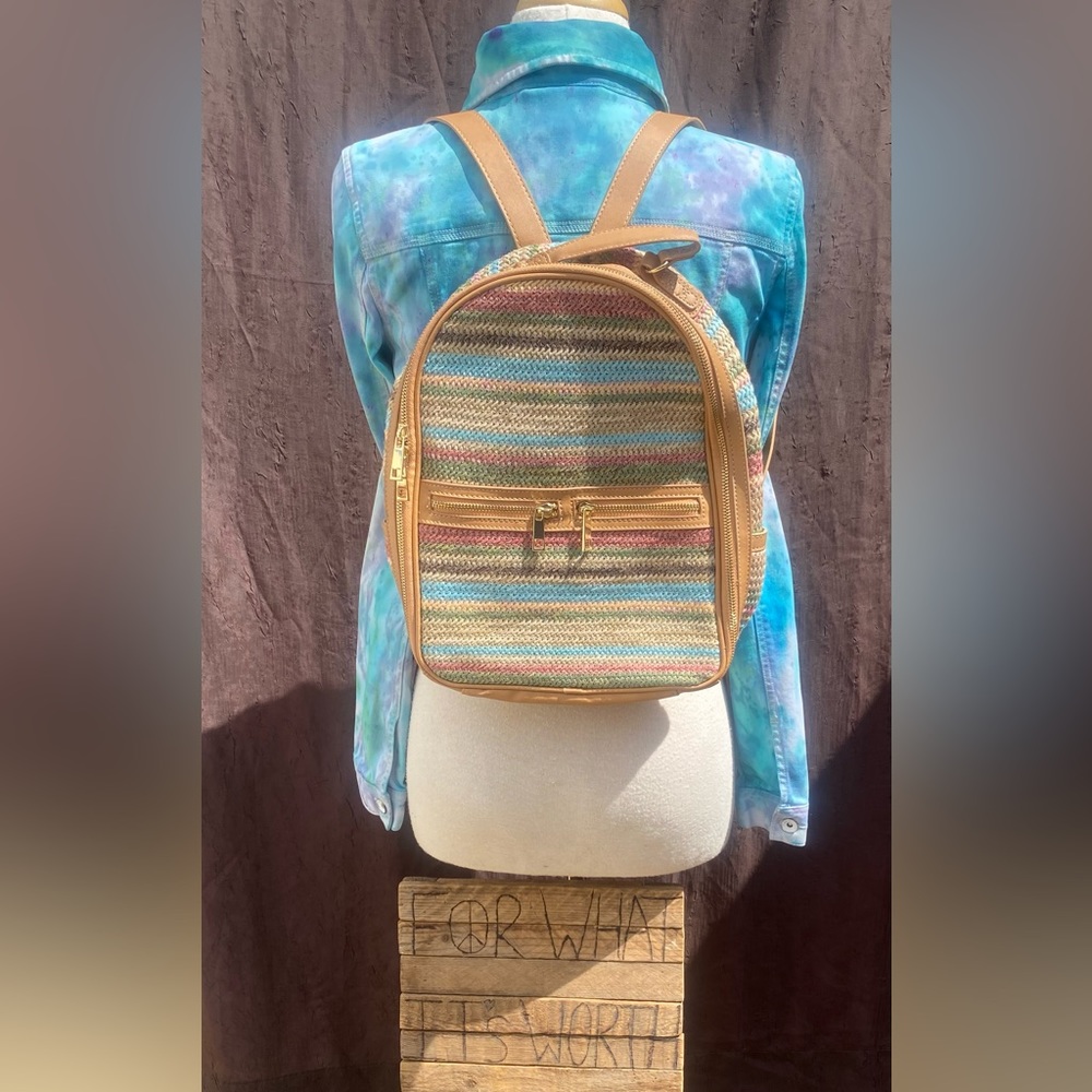Tommy Bahama Straw-Striped Travel Backpack – Blue & Brown Coastal Boho